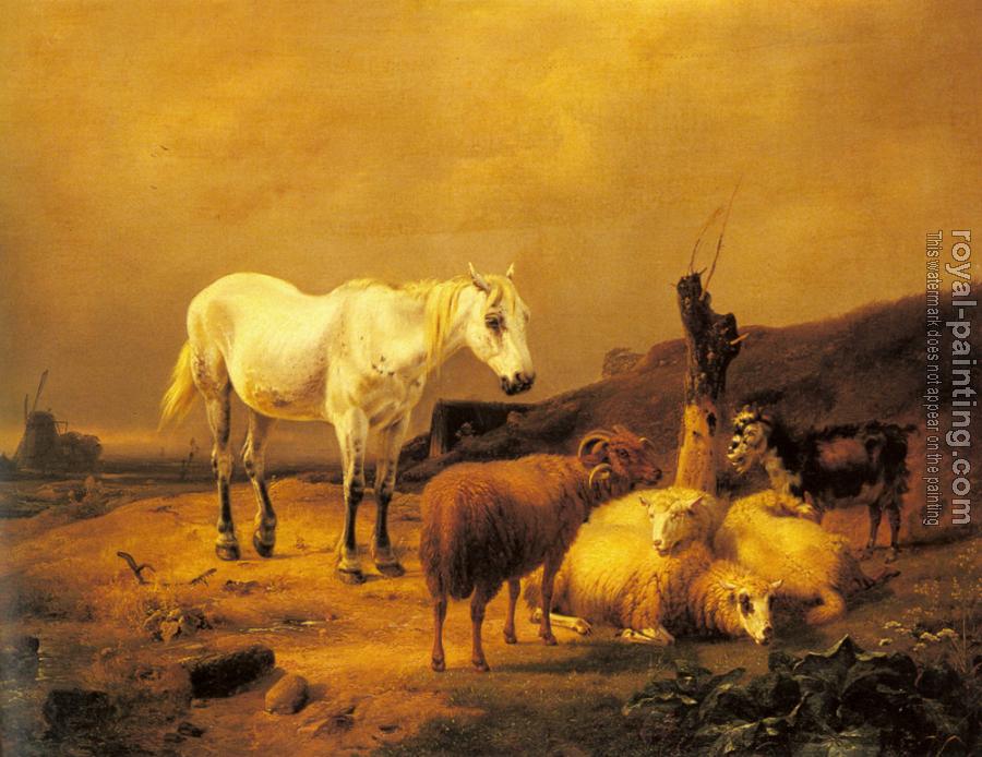 Eugene Joseph Verboeckhoven : A Horse, Sheep and a Goat in a Landscape